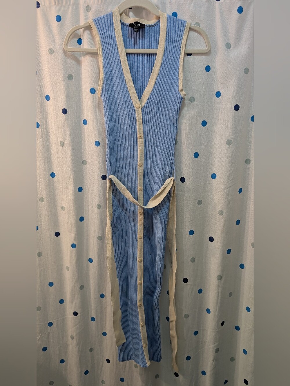 Vici Light Blue Button-Front Dress with Cream Trim